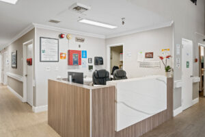 Nurse's station in the hallway of the Kennedy Care facility